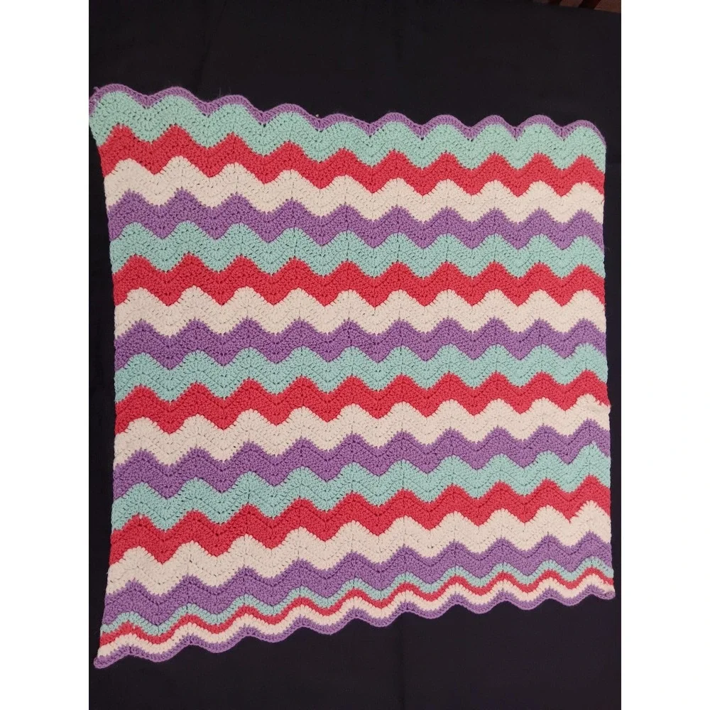 Handmade Crochet Chevron Baby Blanket Purple Teal Pink White Ripple Afghan 35x36